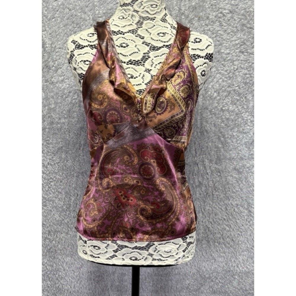 Vtg Rampage Womens S Paisley Halter Top Purple Gold Lace Open Back Y2K Coquette - Picture 2 of 11